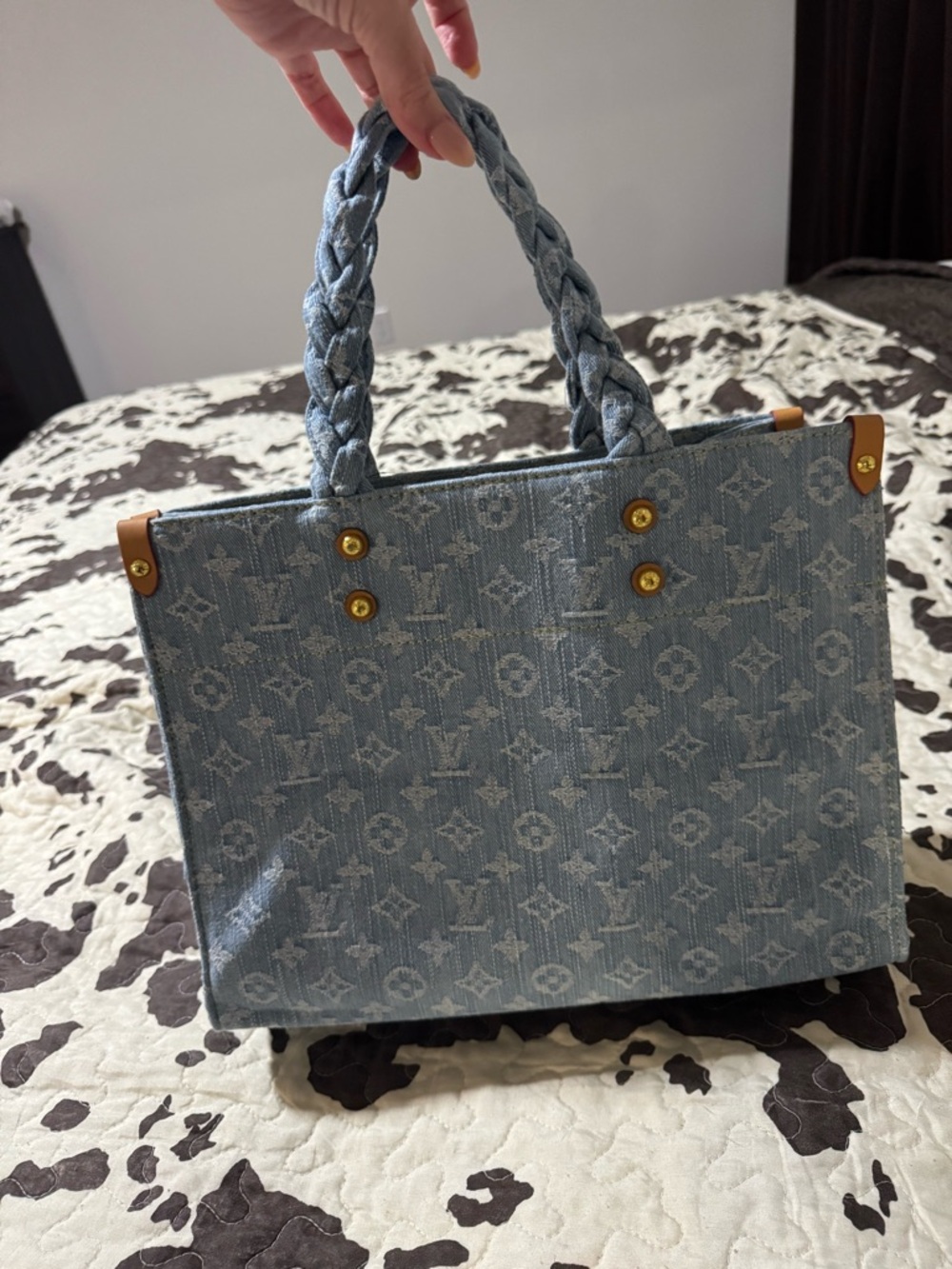 Light Blue Denim Monogram Braided-Handle Tote